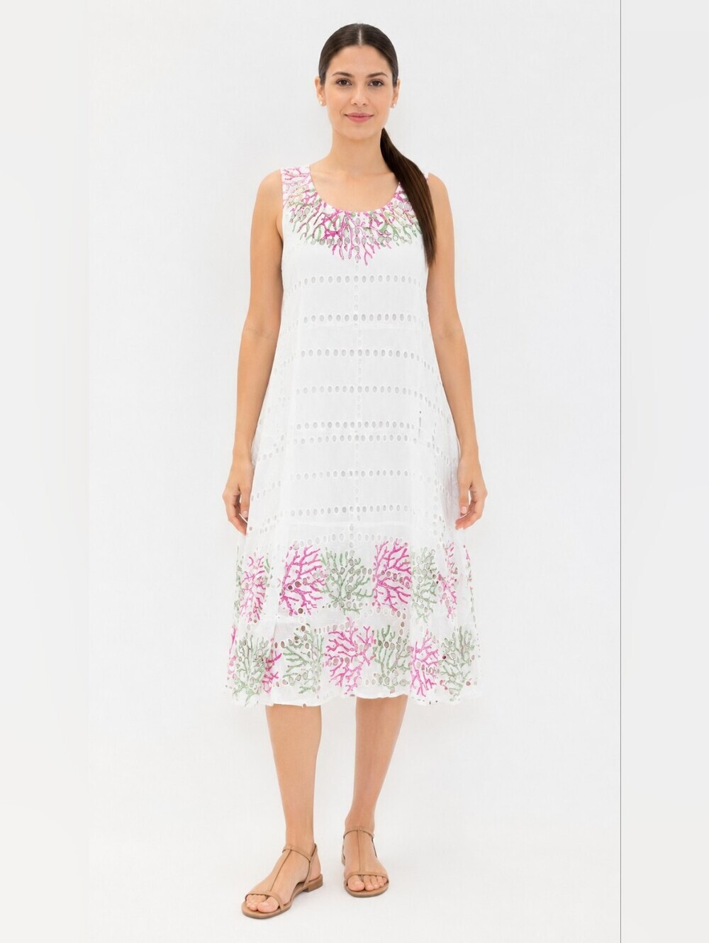 Ranees White Embroidered Eyelet Sleeveless Dress Boho Floral Midi. Size L/XL